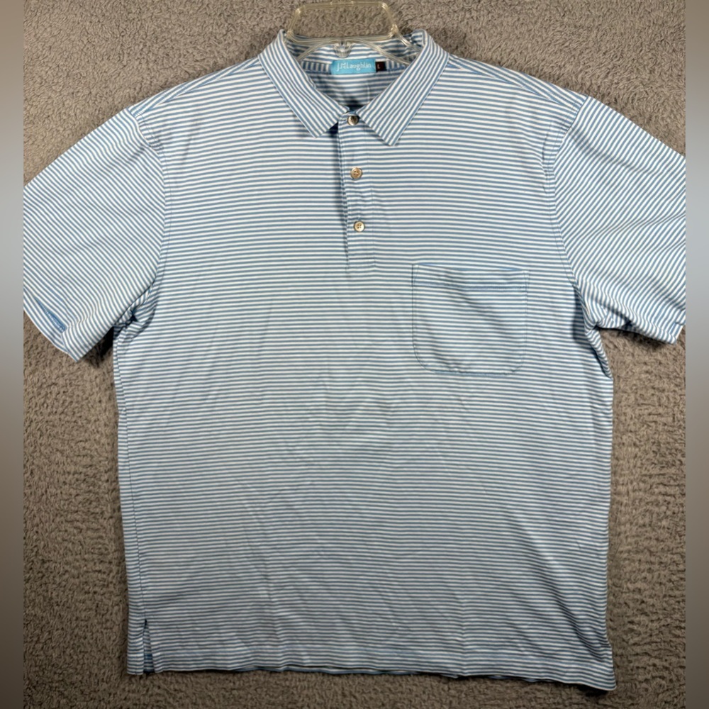 J McLaughlin Polo Shirt Mens Large Blue White Striped Pima Cotton Golf Pocket